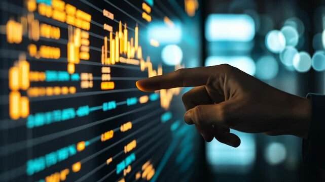 Hand Pointing at Colorful Financial Chart on Digital Screen Display