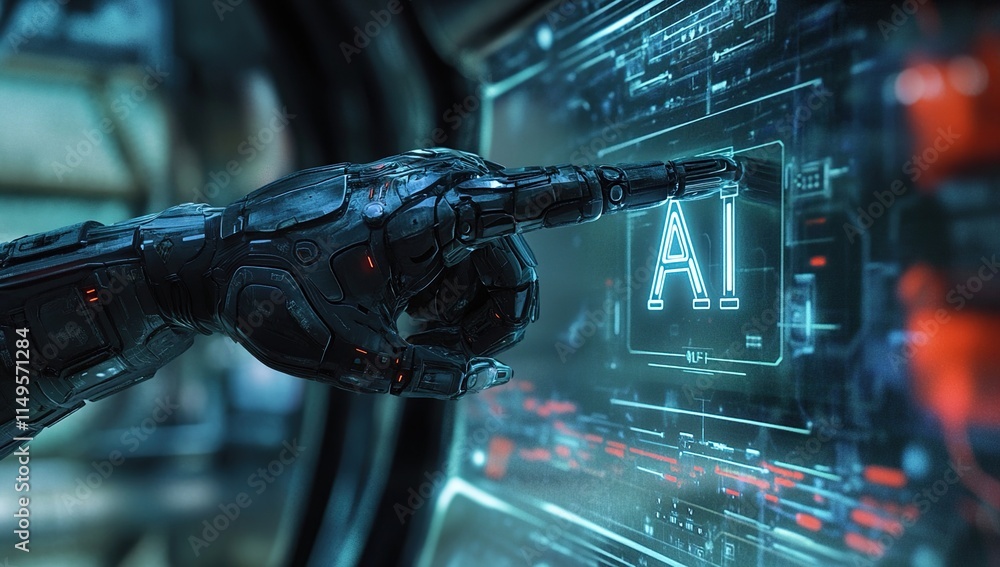 Poster robotic arm interacts with ai interface system futuristically, displaying advanced technology and in