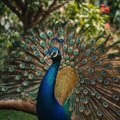 A vibrant peacock displaying its feathers in a garden filled with exotic plants.