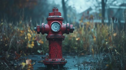 Fototapeta premium Red Hydrant in an Autumnal Landscape
