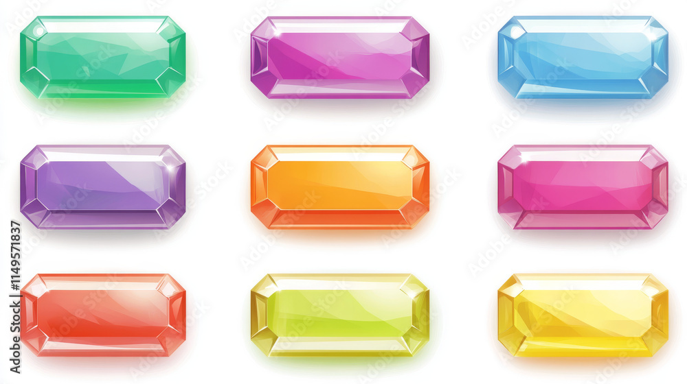 Poster glass color rectangular buttons for game or mobile app interface design. vector cartoon set of blank