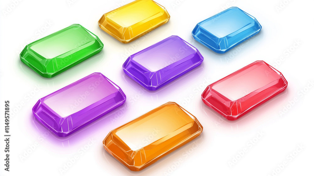 Poster glass color rectangular buttons for game or mobile app interface design. vector cartoon set of blank