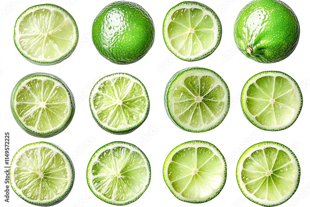 Poster a collection of limes, some whole and some halved, arranged in a grid pattern on a white background.