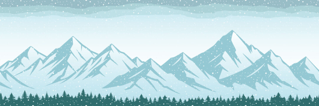 Winter mountain landscape, seamless border, forest and sunset sky, blizzard and snowfall, vector illustration