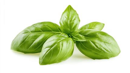 Fototapeta premium Stunning Close-Up of Fresh Basil Leaves Isolated on a White Background, Highlighting the Delicate Green Textures and Aroma of This Culinary Herb.
