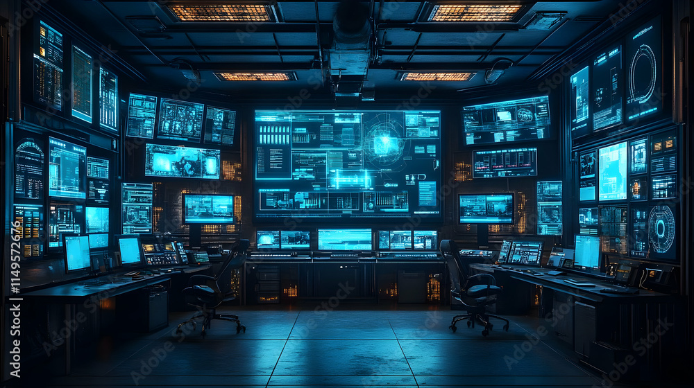 Poster a high-tech control room filled with screens displaying data and analytics.