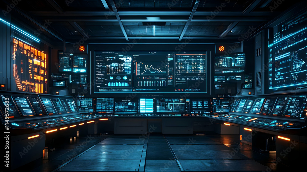 Poster a high-tech control room filled with screens and data displays for monitoring and analysis.