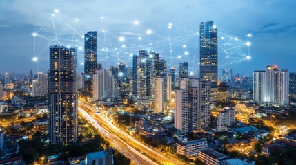 Obraz premium High-Tech City with Digital Pathways and Wave Lines