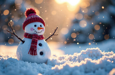 Fototapeta premium Cheerful snowman in winter sunset with red hat and scarf