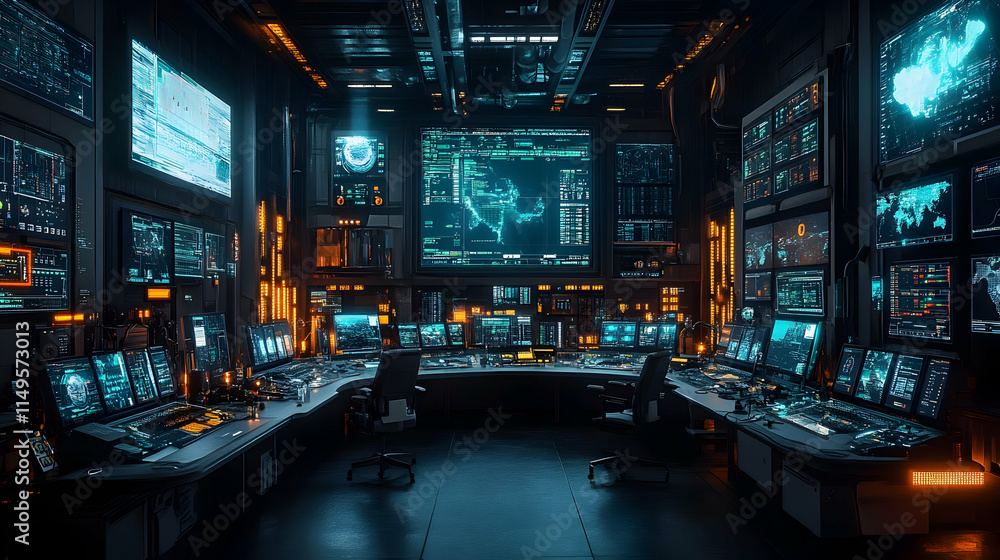 Poster a high-tech control room filled with screens displaying data and monitoring systems.