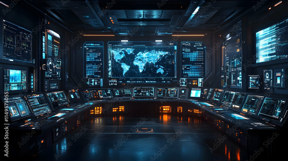 Poster futuristic control room with multiple screens displaying data and maps.