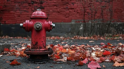 Fototapeta premium Red Fire Hydrant in Autumn Setting