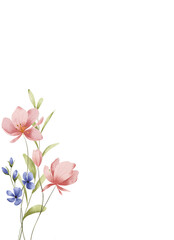 Watercolor flowers, floral background, frame, border for greeting card, invitation, poster and other printing design. Isolated on white background. Hand drawing.