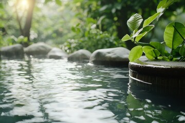 Fototapeta premium Tranquil Nature Retreat with Serene Water Pool Surrounded by Lush Greenery and Stones, Inviting Calmness and Relaxation in an Outdoor Setting