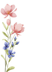 Watercolor flowers, floral background, frame, border for greeting card, invitation, poster and other printing design. Isolated on white background. Hand drawing.