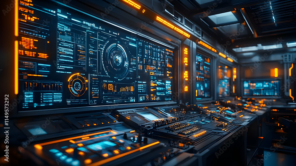 Aufkleber futuristic control room with advanced interfaces and glowing elements.