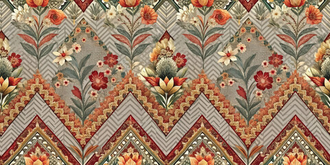 Vibrant floral pattern with geometric accents in warm tones.