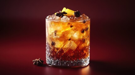 Iced cocktail with orange and spices in a rocks glass on dark background.