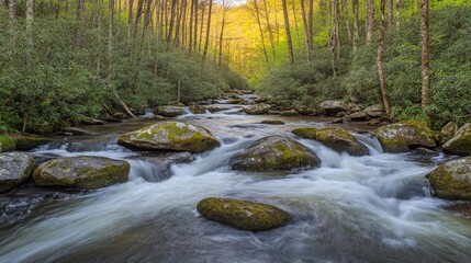 Fototapeta premium Clear spring river winding through a vibrant forest, surrounded by mossy rocks and sunlight-dappled trees.
