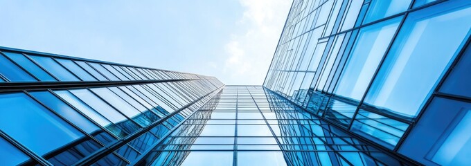 Low angle view of a modern glass building with blue sky and clouds reflecting in the windows.