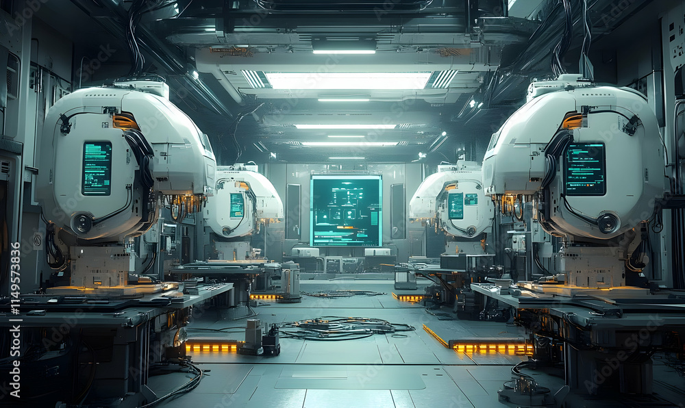 Poster a futuristic laboratory with advanced robotic equipment and screens displaying data.