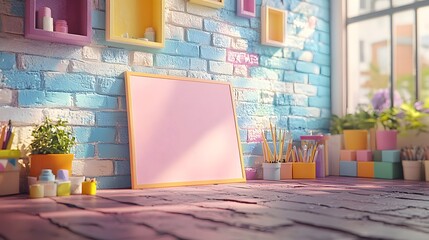 A vibrant workspace featuring a Vertical Business Card Mockup, surrounded by colorful containers, plants, and natural light.