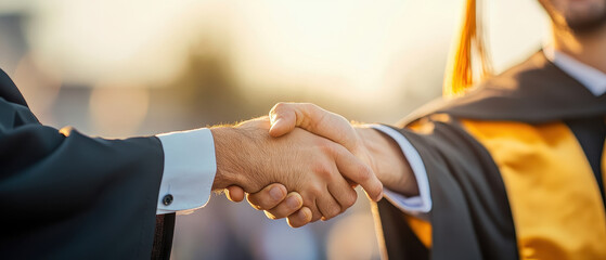 Graduation day moment showing proud male graduate shaking hands, celebrating achievement and success with joy and excitement