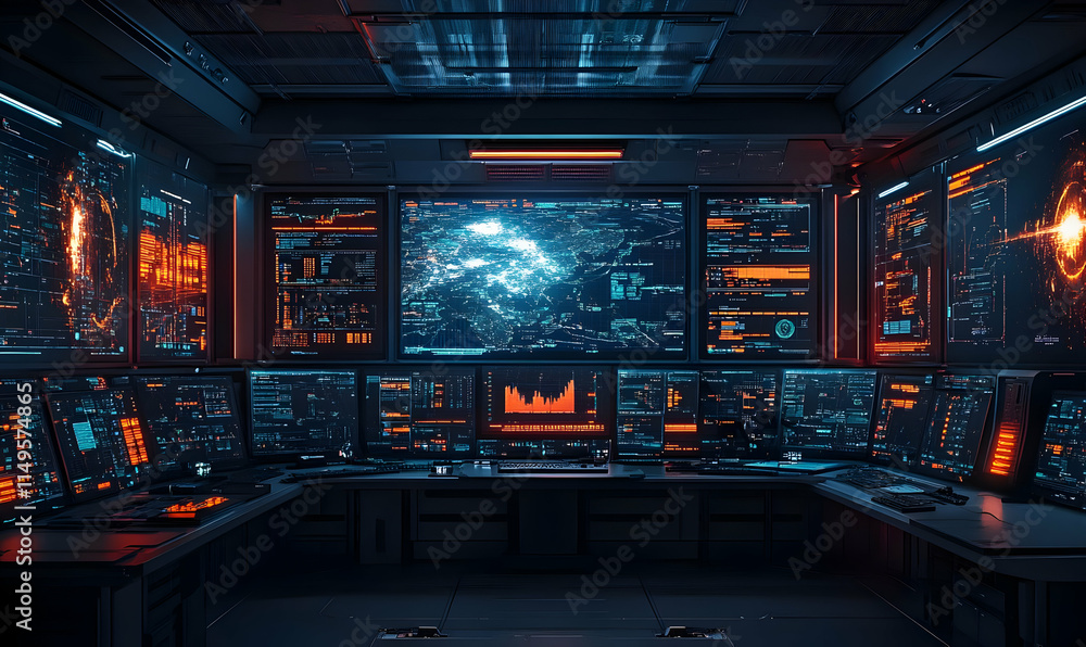 Poster a futuristic control room filled with advanced screens displaying data and analytics.