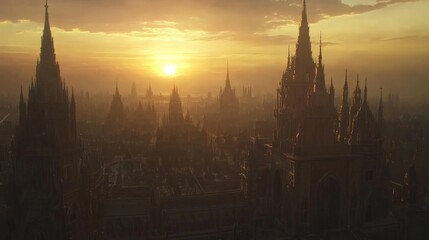 Obraz premium Magical Sunset Over Kingdom with Silhouetted Castles