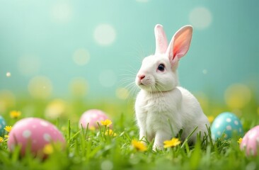 Fototapeta premium Easter bunny surrounded by colorful holiday eggs waiting for the holiday to arrive