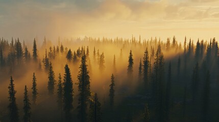 Misty Morning Forest with Golden Light Beams