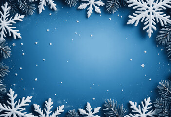 christmas background with a frame made of snowflakes and pine branches 