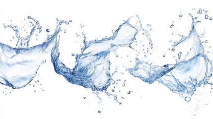 Water splashes, blue liquid waves with swirls and drops. Vector realistic set of flowing and falling clear pure aqua, fluid splashing isolated on transparent background