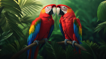 Fototapeta premium Vibrant red macaws perched on branches in lush rainforest setting, showcasing their colorful feathers and playful interaction