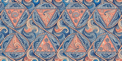 Intricate geometric patterns with swirling designs in coral and navy hues.
