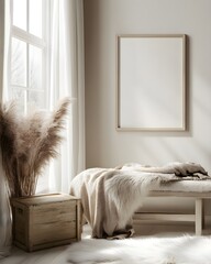 A blank poster frame on the wall of an empty, white Scandinavian-style living room. In front of it, a bench with a fur blanket and pampas grass, and a wooden box next to it. The room has a soft, 