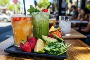 Refreshing Summer Drinks and Fresh Ingredients on a Table in a Vibrant Outdoor Setting Perfect for Food Lovers and Entertainers Enjoying the Sunshine