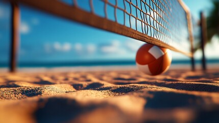 Beach volleyball net with ball on sand at sunset.
