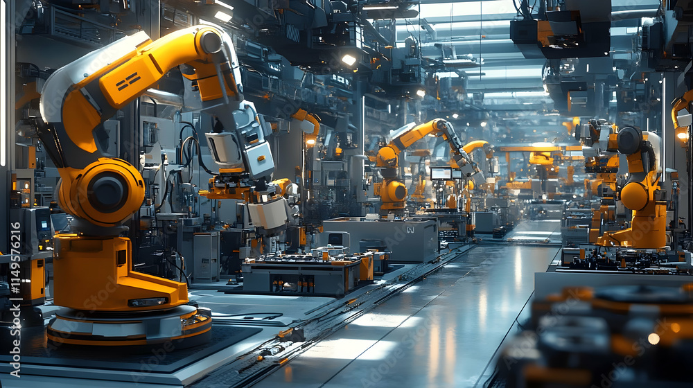 Poster a futuristic industrial setting with robotic arms working on assembly tasks.