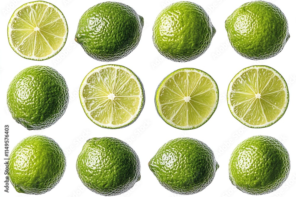 Poster a collection of whole limes and lime slices arranged in a grid pattern against a white background.