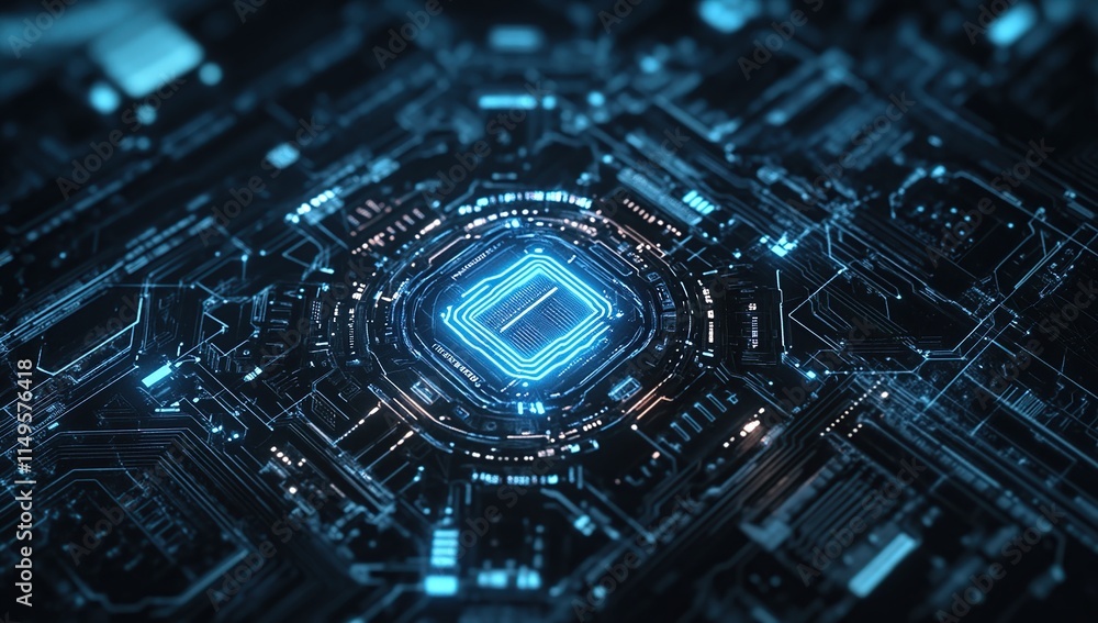 Poster exploring futuristic circuit board designs: advanced technology's intricate pathways illuminate digi