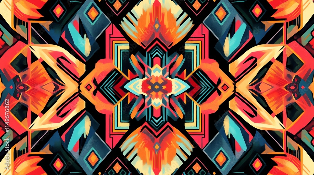 Poster a colorful geometric pattern with a symmetrical design.