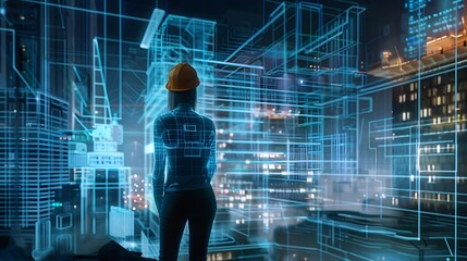 Engineer Viewing Future Cityscape with Digital Architecture Overlay