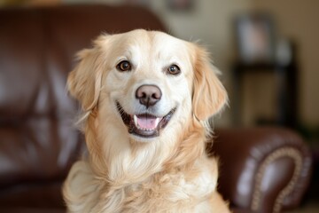 Happy Golden Retriever Smiling Relaxedly on Brown Leather Couch in Cozy Living Room Setting with Soft Lighting and Welcoming Atmosphere
