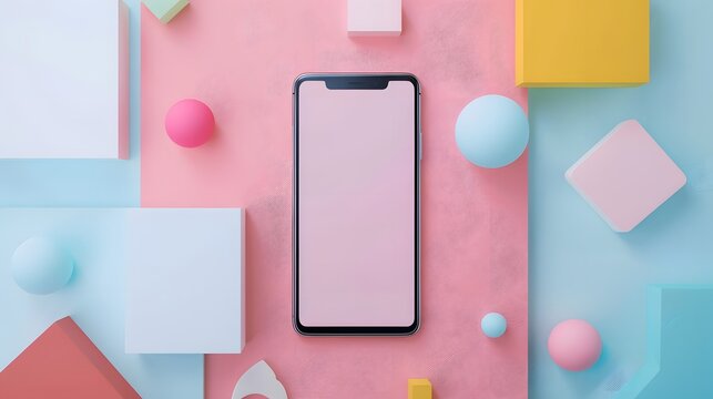 Colorful Smartphone Mockup Surrounded by Geometric Shapes and Objects