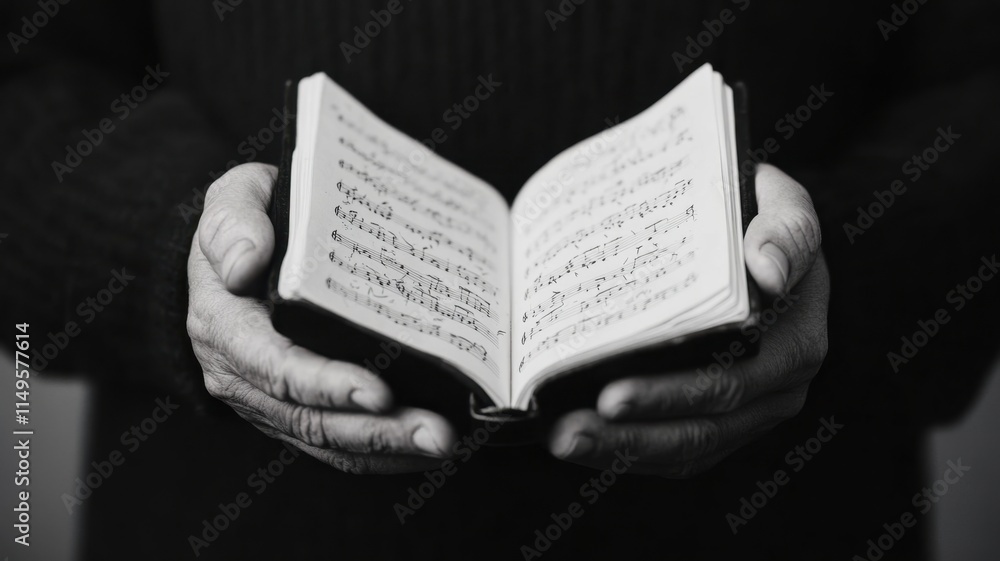 Poster a person holds an open book, revealing pages with text, captured in a monochrome setting that emphas