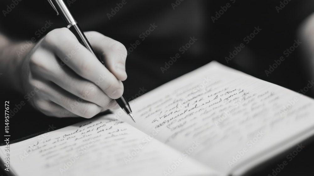 Poster a hand is writing in a notebook with a pen, capturing thoughts or ideas in a monochrome setting.