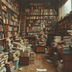 Obraz premium Overstuffed room filled with bookshelves and stacks of books.
