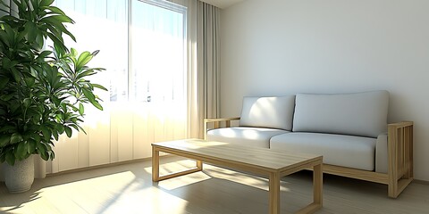 Minimalist living room with light grey sofa, wooden coffee table, and large plant near window.