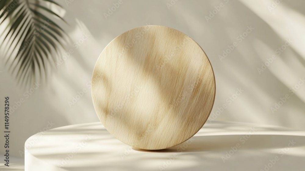 Aufkleber a round wooden object sits on a minimalist surface, illuminated by soft natural light, surrounded by